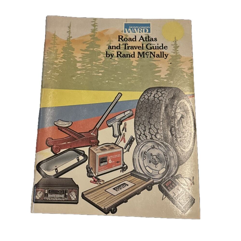 Road‎ Atlas Travel Guide 1979 Rand McNally Montgomery Ward Tires Auto Service Ad